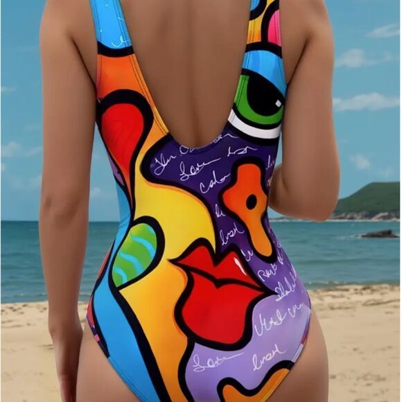 Colorful Graphics Abstract Face One Piece Swimsuit Beach Vacation Cruise Swim - Picture 3 of 6